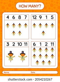 How many counting game with scarecrow. worksheet for preschool kids, kids activity sheet