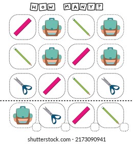 How many counting game with school supplies. Worksheet for preschool kids, kids activity sheet, printable worksheet
