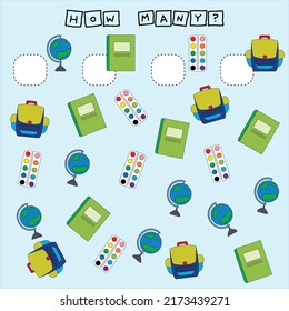 How many counting game with school supplies. Worksheet for preschool kids, kids activity sheet, printable worksheet
