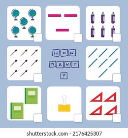 How many counting game with school supplies.  Worksheet for preschool kids, kids activity sheet, printable worksheet