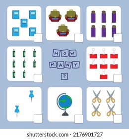 How many counting game with school supplies.  Worksheet for preschool kids, kids activity sheet, printable worksheet