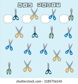 How many counting game with scissors. Worksheet for preschool kids, kids activity sheet, printable worksheet
