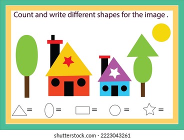 How many counting game with shapes for kids, educational math task for the development of logical thinking, preschool worksheet activity, count and write the result, vector illustration