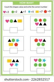 How many counting game with shapes for kids, educational math's task for the development of logical thinking, preschool worksheet activity, count and write the result, vector illustration