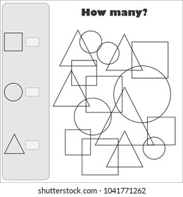 How Many Counting Game With Simple Geometric Shapes For Kids, Educational Maths Task For The Development Of Logical Thinking, Preschool Worksheet Activity, Count And Write The Result, Vector