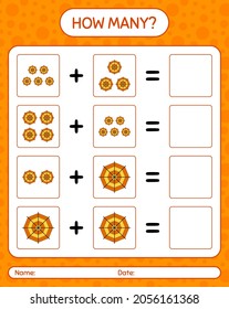 Wie viele zählen Spiel mit Spinnennetz. Arbeitsblatt für Vorschulkinder, Kinderaktivität