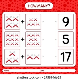 How many counting game with spoon and fork. worksheet for preschool kids, kids activity sheet, printable worksheet