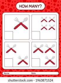 How many counting game with spoon and fork. worksheet for preschool kids, kids activity sheet, printable worksheet