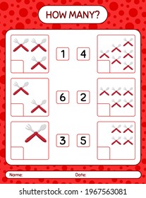 How many counting game with spoon and fork. worksheet for preschool kids, kids activity sheet, printable worksheet