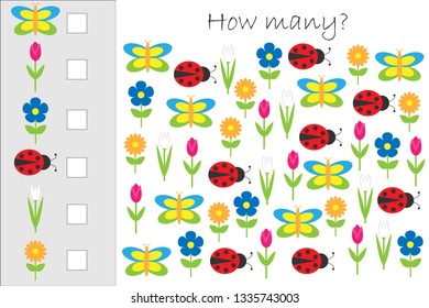 How many counting game with summer pictures for kids, educational maths task for the development of logical thinking, preschool worksheet activity, count and write the result, vector illustration