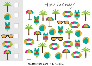 How many counting game with summer beach picture for kids, educational maths task for the development of logical thinking, preschool worksheet activity, count and write the result, vector illustration