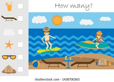 How many counting game, summer beach with people for kids, educational maths task for the development of logical thinking, preschool worksheet activity, count and write the result, vector illustration