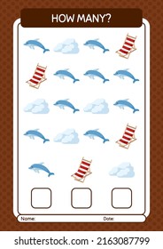Cuántos juegos de conteo con icono de verano. hoja de trabajo para niños de preescolar, hoja de actividades para niños