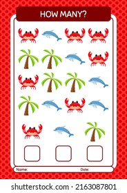 How many counting game with summer icon. worksheet for preschool kids, kids activity sheet
