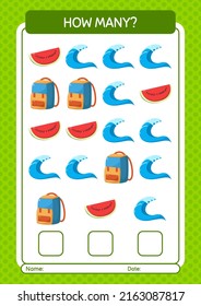 Cuántos juegos de conteo con icono de verano. hoja de trabajo para niños de preescolar, hoja de actividades para niños