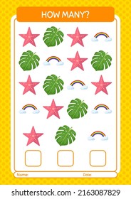 Cuántos juegos de conteo con icono de verano. hoja de trabajo para niños de preescolar, hoja de actividades para niños