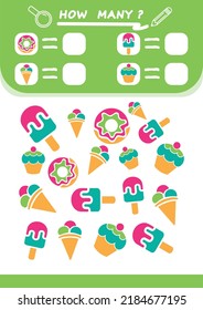 Cuántos juegos de conteo con icono de verano. hoja de trabajo para niños de preescolar, hoja de actividades para niños