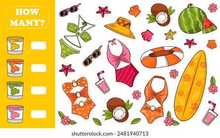 ¿Cuántos juegos de conteo con objetos temáticos de verano, tablas de surf y trajes de baño, actividades imprimibles para los niños de vacaciones?