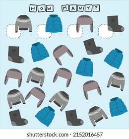 Wie viele zählen Spiel mit Pullover, Mantel, Hut, Filzstiefel. Arbeitsblatt für Vorschulkinder, Kinderaktivitätsblatt, Druckbogen