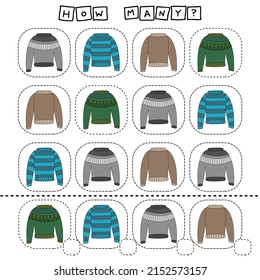 How many counting game with  sweaters. Preschool worksheet, kids activity sheet, printable worksheet
