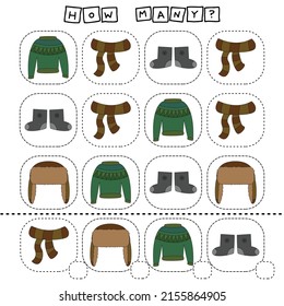 How many counting game with  sweaters, scarf,  felt boots. Preschool worksheet, kids activity sheet, printable worksheet
