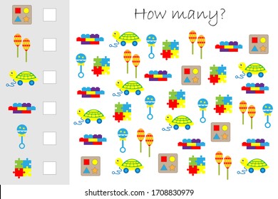 How many counting game with toys for kids, educational maths task for the development of logical thinking, preschool worksheet activity, count and write the result, vector illustration