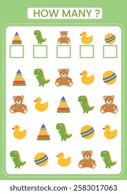 How many counting game with toys. Count all toys and write number into box. Worksheet for preschool kids. Printable worksheet. Vector illustration. 