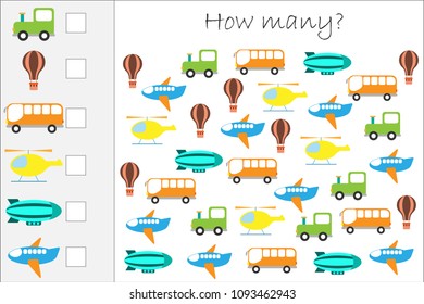 How many counting game with transport for kids, educational maths task for the development of logical thinking, preschool worksheet activity, count  and write the result, vector illustration