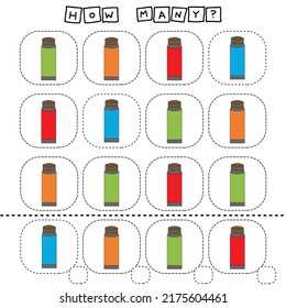 How many counting game with tube of paint. Worksheet for preschool kids, kids activity sheet, printable worksheet
