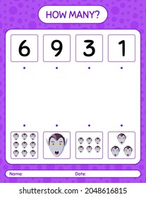 Wie viele zählen Spiel mit Vampire. Arbeitsblatt für Vorschulkinder, Kinderaktivität