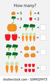 How many counting game with vegetables for kids, educational maths task for the development of logical thinking, preschool worksheet activity, count  and write the result, vector illustration