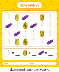 ¿Cuántos cuentan el juego con las verduras? hoja de trabajo para niños de preescolar, hoja de actividades para niños, hoja de trabajo imprimible