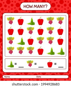 How many counting game with vegetables. worksheet for preschool kids, kids activity sheet, printable worksheet