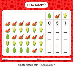 How many counting game with vegetables. worksheet for preschool kids, kids activity sheet, printable worksheet