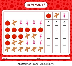 How many counting game with vegetables. worksheet for preschool kids, kids activity sheet, printable worksheet