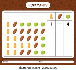 How many counting game with vegetables. worksheet for preschool kids, kids activity sheet, printable worksheet