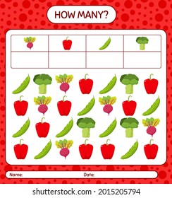 How many counting game with vegetables. worksheet for preschool kids, kids activity sheet, printable worksheet
