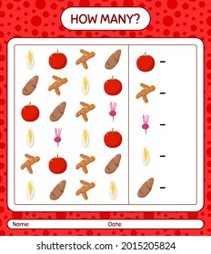¿Cuántos cuentan el juego con las verduras? hoja de trabajo para niños de preescolar, hoja de actividades para niños, hoja de trabajo imprimible