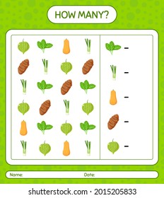 How many counting game with vegetables. worksheet for preschool kids, kids activity sheet, printable worksheet