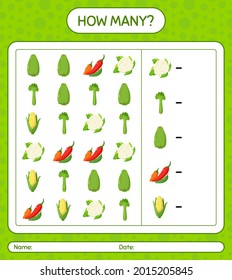 How many counting game with vegetables. worksheet for preschool kids, kids activity sheet, printable worksheet