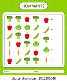 How many counting game with vegetables. worksheet for preschool kids, kids activity sheet, printable worksheet