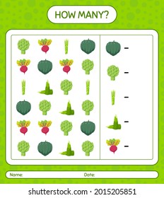 How many counting game with vegetables. worksheet for preschool kids, kids activity sheet, printable worksheet