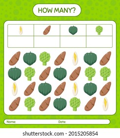 How many counting game with vegetables. worksheet for preschool kids, kids activity sheet, printable worksheet