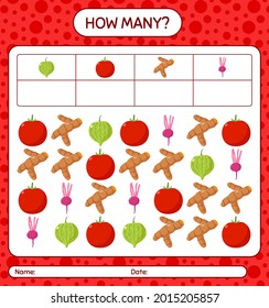 ¿Cuántos cuentan el juego con las verduras? hoja de trabajo para niños de preescolar, hoja de actividades para niños, hoja de trabajo imprimible