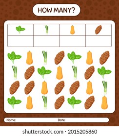 ¿Cuántos cuentan el juego con las verduras? hoja de trabajo para niños de preescolar, hoja de actividades para niños, hoja de trabajo imprimible