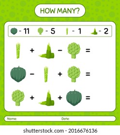 How many counting game with vegetables. worksheet for preschool kids, kids activity sheet, printable worksheet