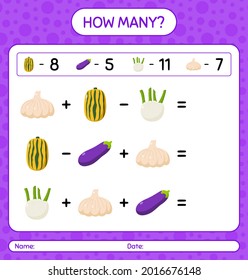How many counting game with vegetables. worksheet for preschool kids, kids activity sheet, printable worksheet