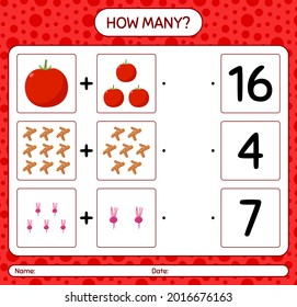 How many counting game with vegetables. worksheet for preschool kids, kids activity sheet, printable worksheet