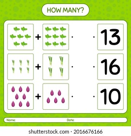 How many counting game with vegetables. worksheet for preschool kids, kids activity sheet, printable worksheet