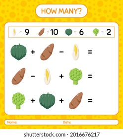 How many counting game with vegetables. worksheet for preschool kids, kids activity sheet, printable worksheet